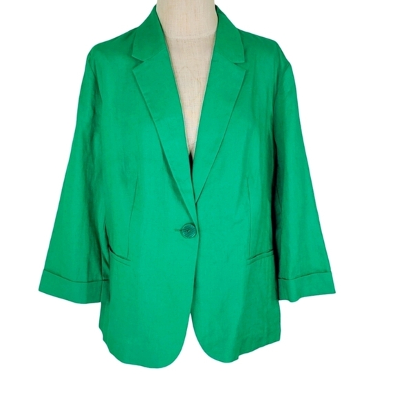 Chicos Linen Blazer Women Size 3 XL 16 Slip Pockets 3/4 Cuffed Sleeve Green New - Picture 1 of 11